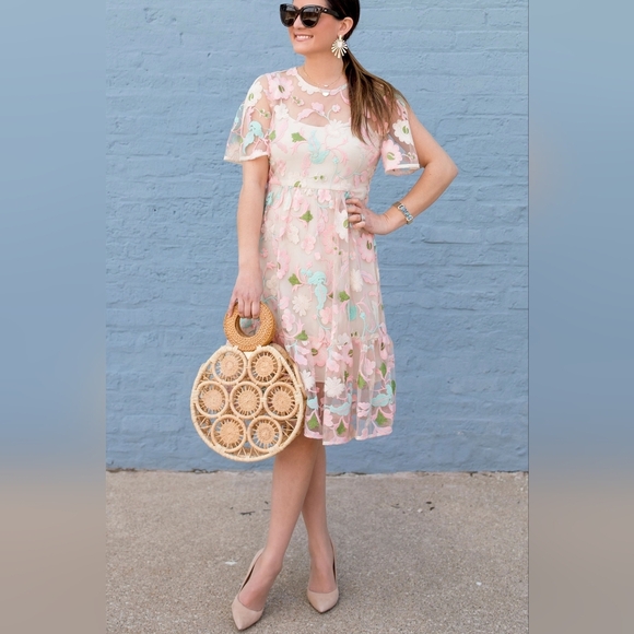 Donna Morgan floral embroidered midi dress short split sleeve Pastel Size 10 - Picture 1 of 10